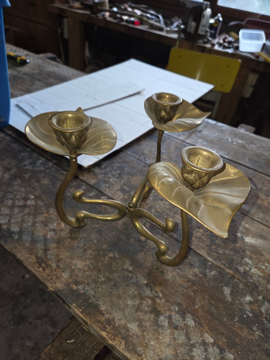 Art Nouveau 3-branch Bronze Candlestick-photo-1