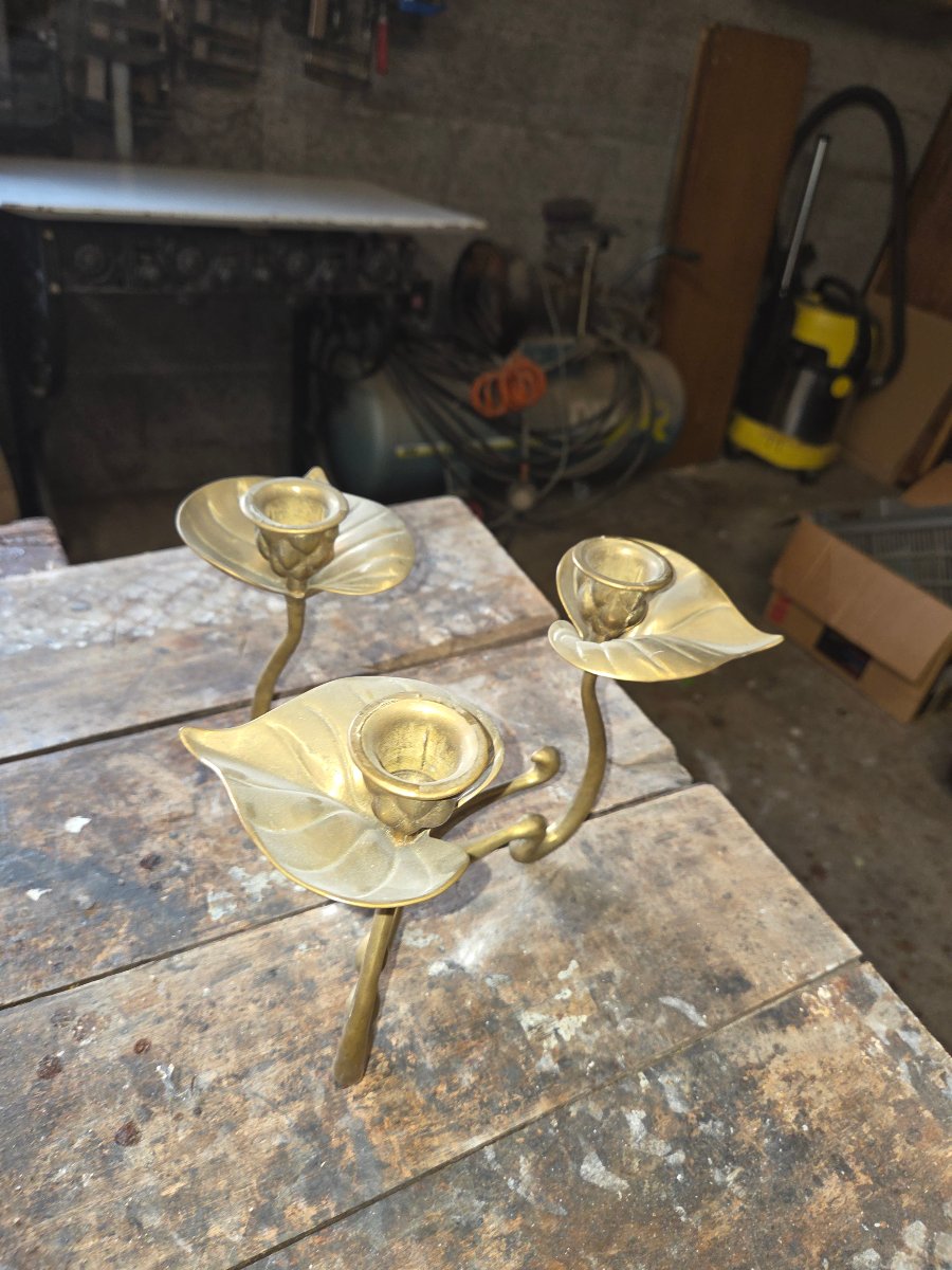 Art Nouveau 3-branch Bronze Candlestick-photo-3