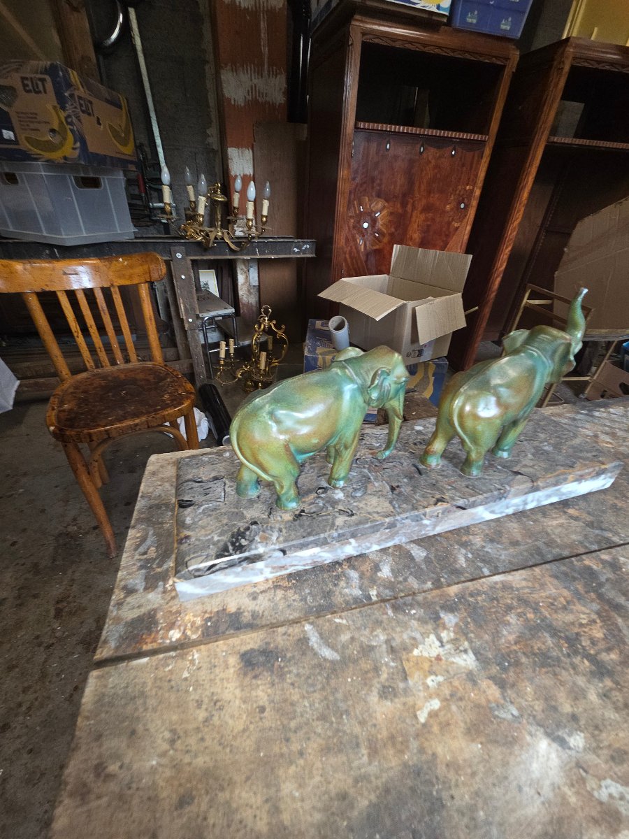 Sculpture art deco les éléphants en marbre et regule vers 1930-photo-4