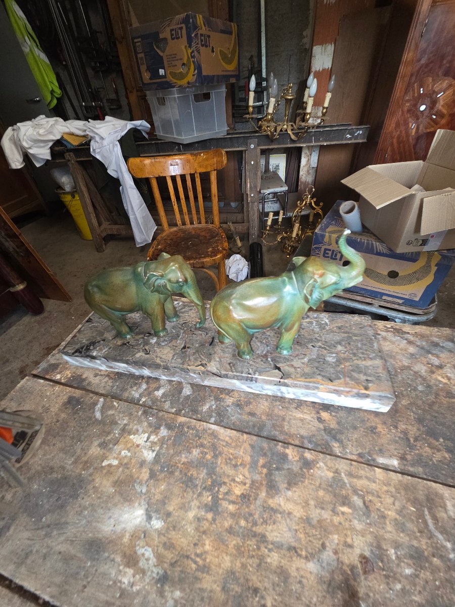 Sculpture art deco les éléphants en marbre et regule vers 1930-photo-2