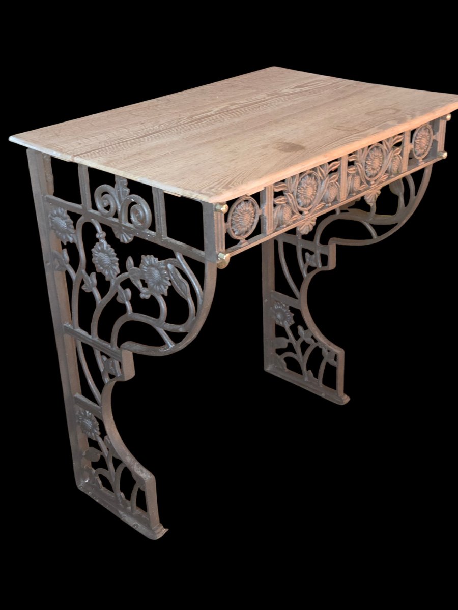 Cast-iron Console Table With Floral Decoration And An Oak Top From The 1900s-photo-3