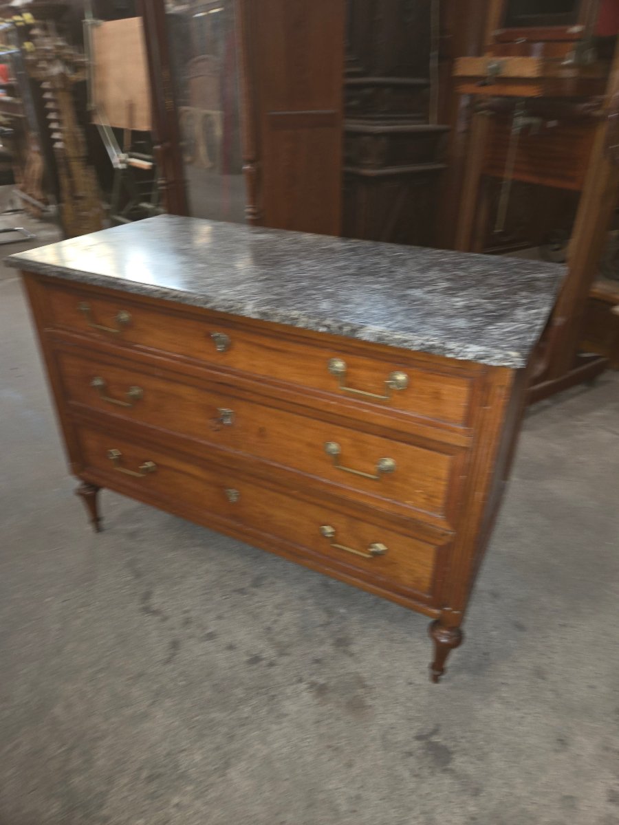 Commode d'époque Louis XVI en bois fruitier dessus marbre gris-photo-4