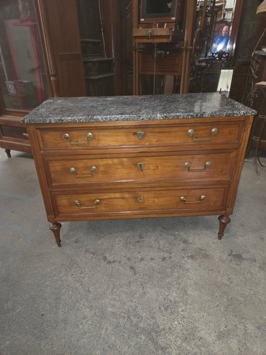 Commode d'époque Louis XVI en bois fruitier dessus marbre gris-photo-5