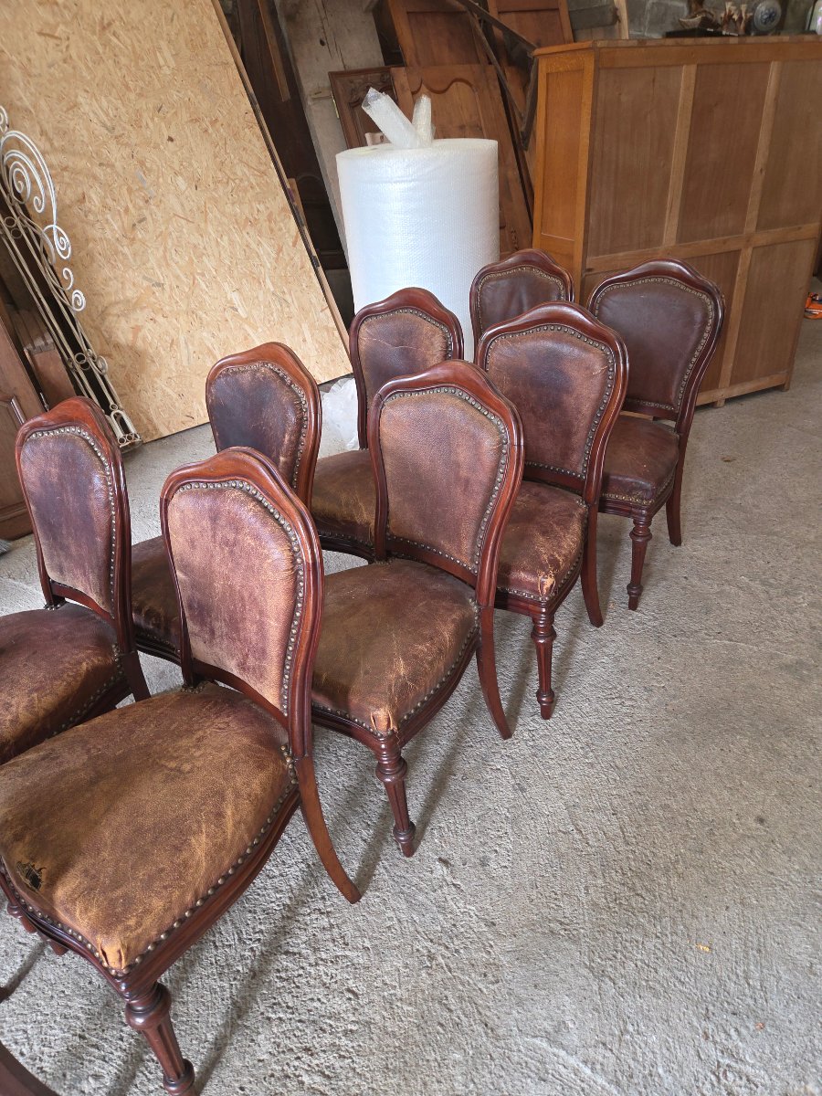 Set Of 10 Napoleon III-era Mahogany And Leather Dining Chairs -photo-3