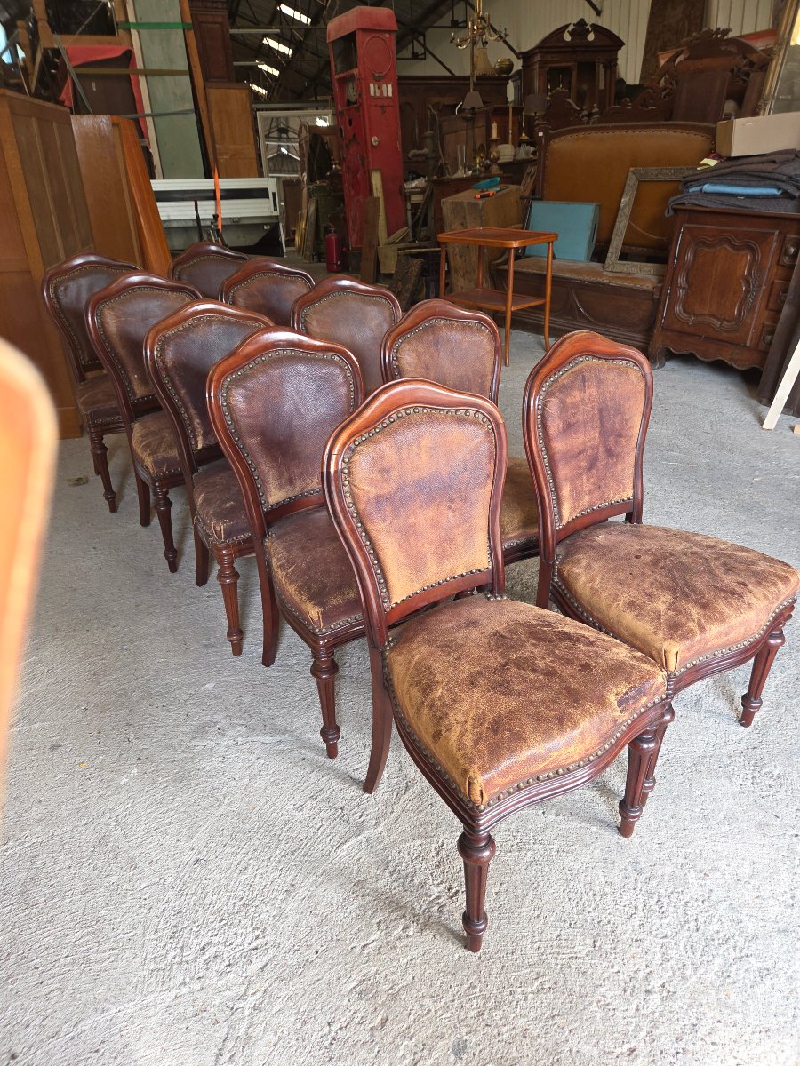 Set Of 10 Napoleon III-era Mahogany And Leather Dining Chairs -photo-4
