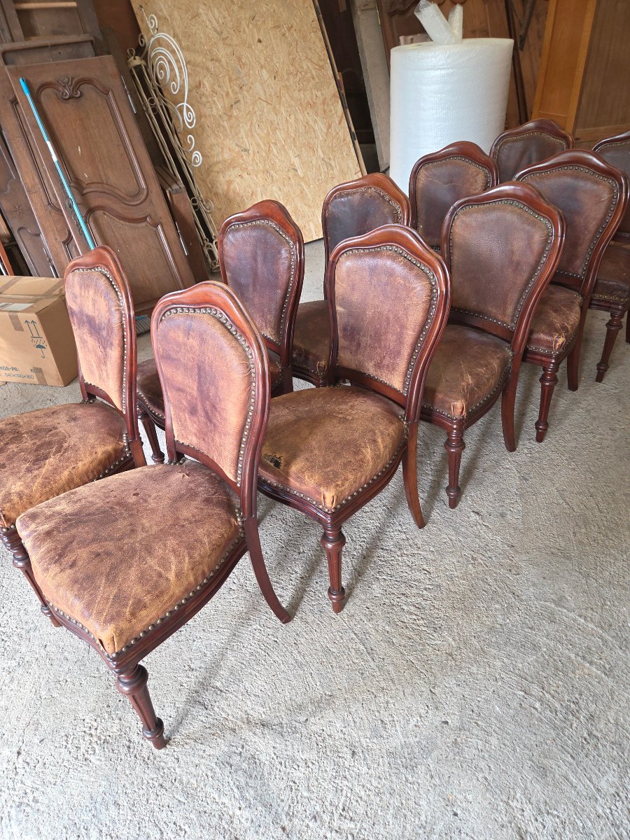 Set Of 10 Napoleon III-era Mahogany And Leather Dining Chairs -photo-1