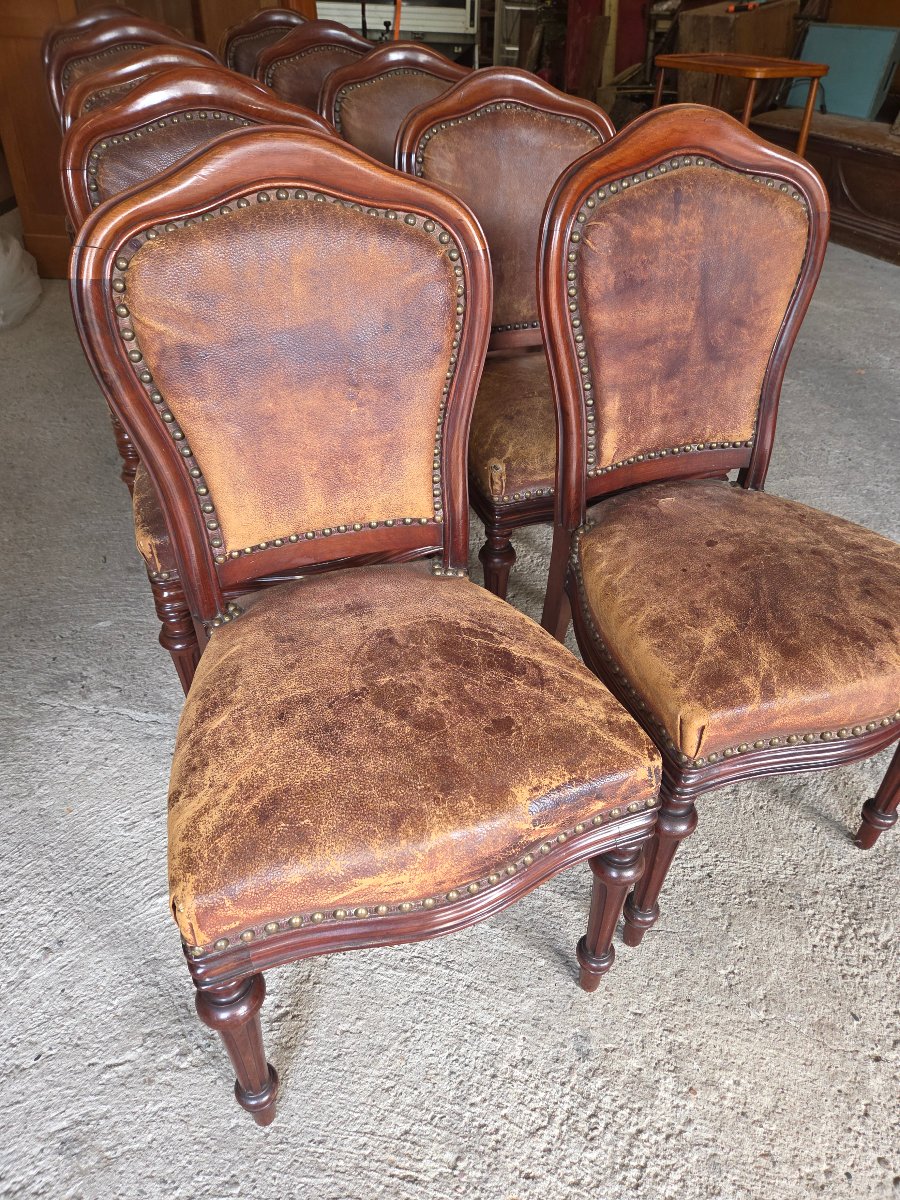 Set Of 10 Napoleon III-era Mahogany And Leather Dining Chairs -photo-2