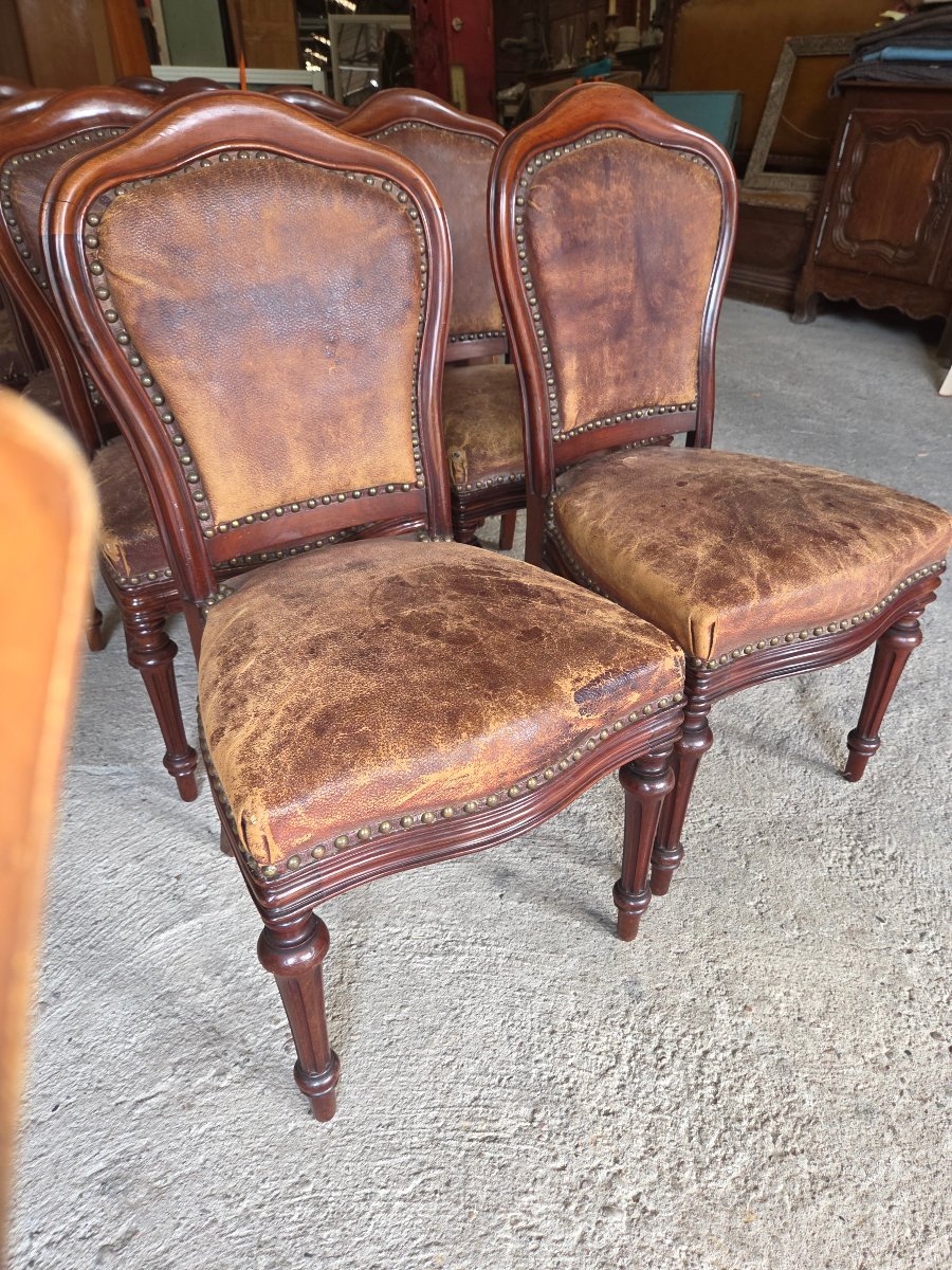 Set Of 10 Napoleon III-era Mahogany And Leather Dining Chairs -photo-4