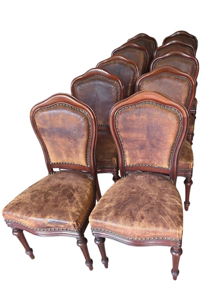 Set Of 10 Napoleon III-era Mahogany And Leather Dining Chairs 