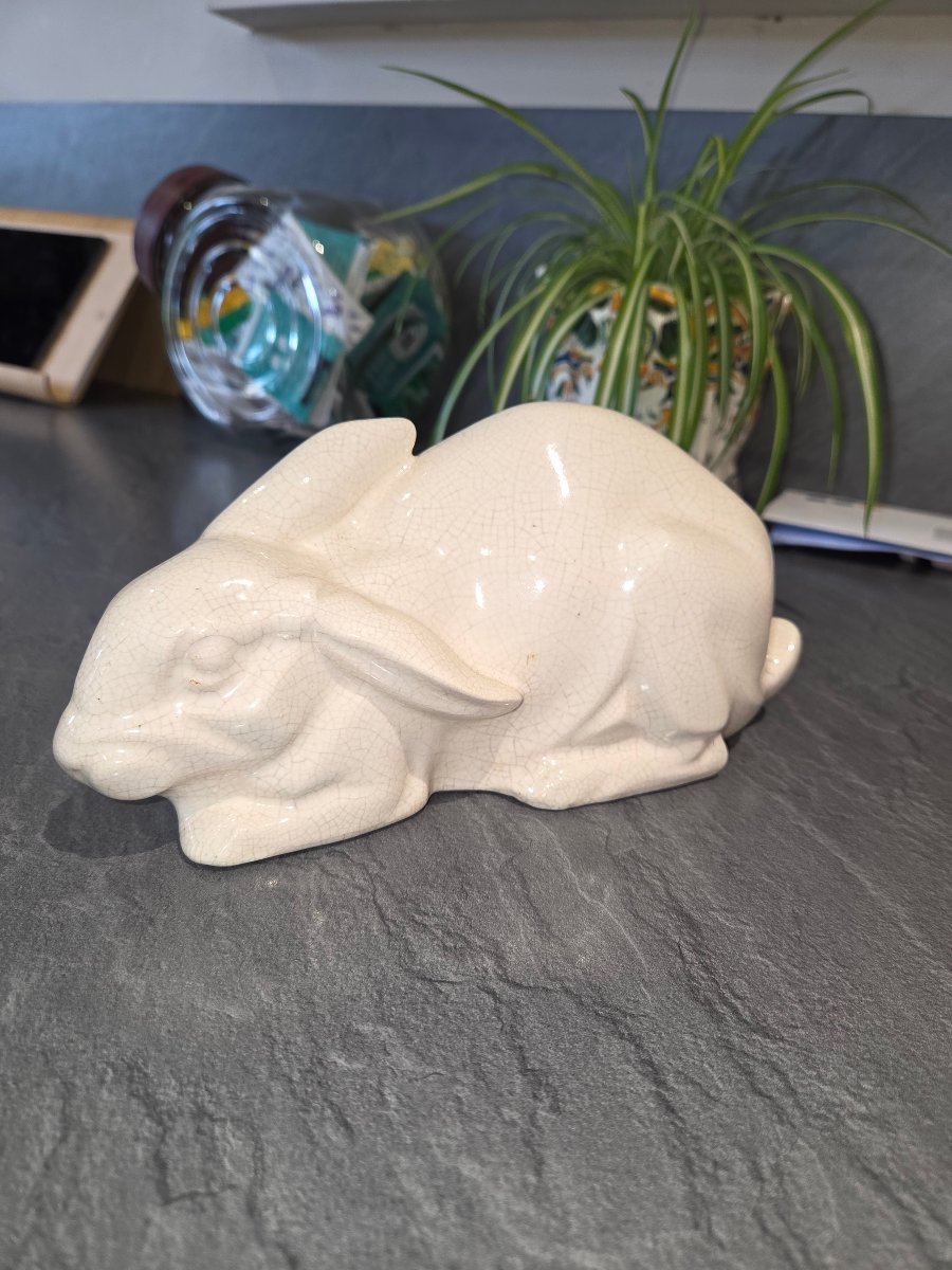 Crackled Earthenware Rabbit, Lemanceau, Saint Clément, From The 1930s-photo-1