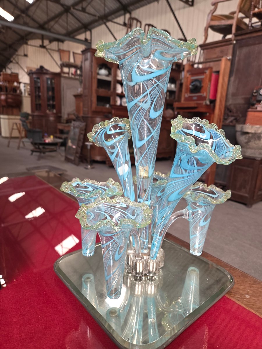 Centerpiece Or Antique Tulip Vase With Multiple Blue-and-white Art Glass Cups, Late 19th-photo-4