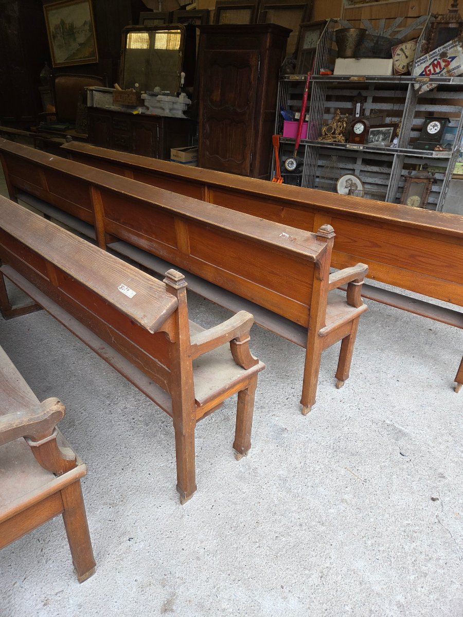Lot de 16 bancs de chapelle 3.70m de long de la fin du 19eme -photo-3