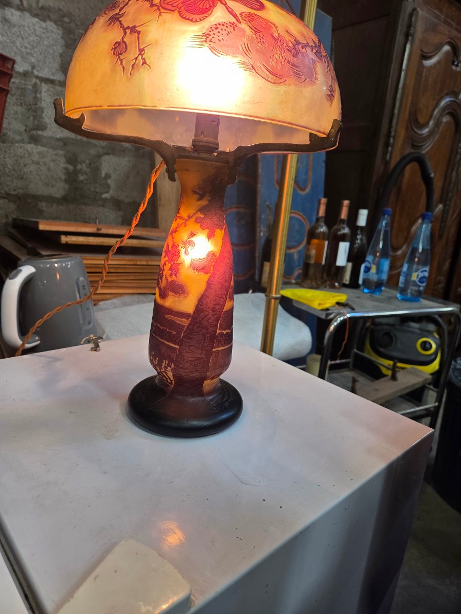 Art Nouveau Mushroom Lamp By André Delatte Of Nancy, Featuring A Floral Design With Butterflies And Bees -photo-3