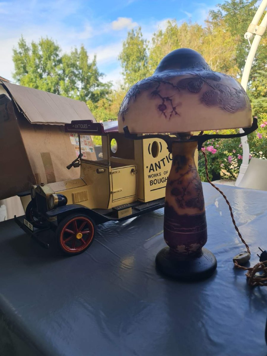 Art Nouveau Mushroom Lamp By André Delatte Of Nancy, Featuring A Floral Design With Butterflies And Bees -photo-2