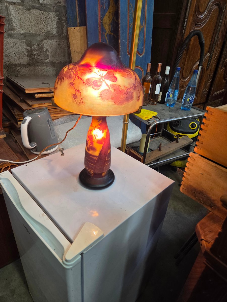 Art Nouveau Mushroom Lamp By André Delatte Of Nancy, Featuring A Floral Design With Butterflies And Bees 