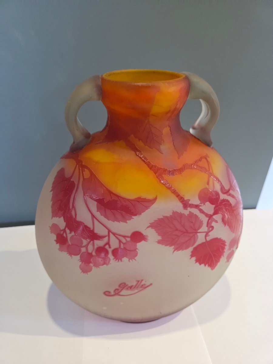Vase en pate de verre multicouches de forme gourde a decor de groseilles d'Emile GALLÉ  -photo-3