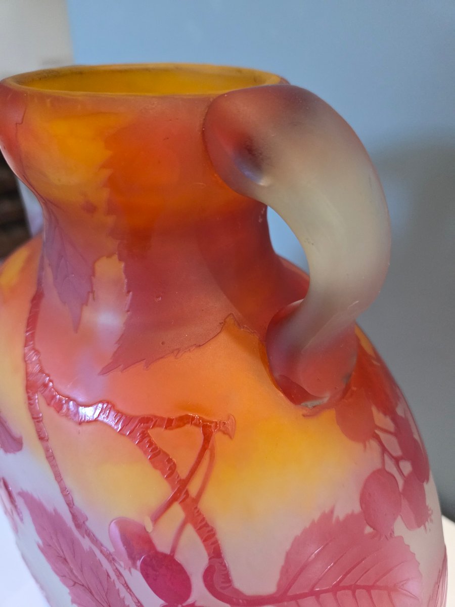 Vase en pate de verre multicouches de forme gourde a decor de groseilles d'Emile GALLÉ  -photo-1