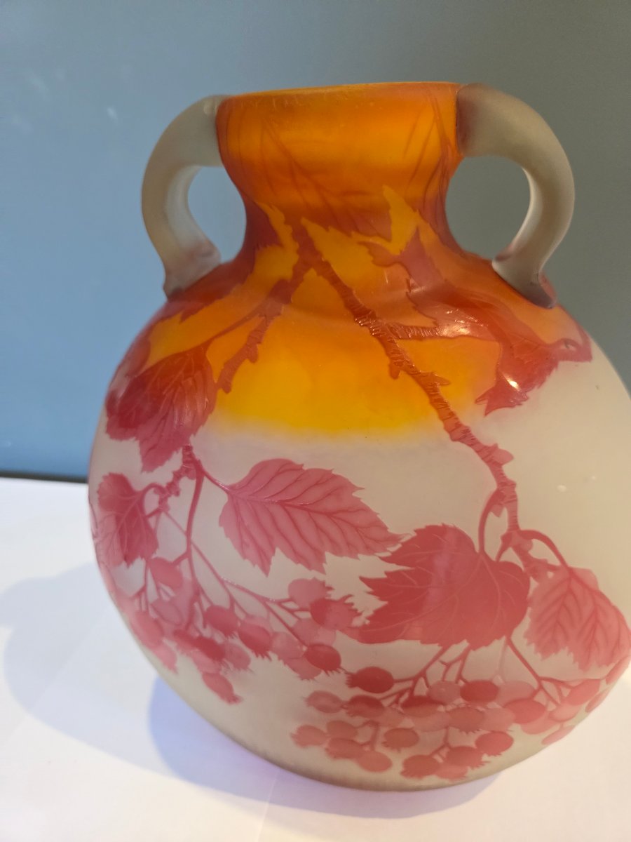 Vase en pate de verre multicouches de forme gourde a decor de groseilles d'Emile GALLÉ  -photo-3