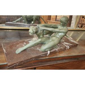 Statue Art Deco la jeune femme et la panthere En Regule De Alexandre Ouline