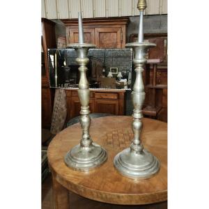 Pair Of 19th Century Candlesticks In Silver Metal 