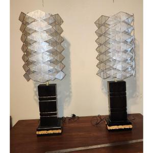 Pair Of Lamps In Very Heavy Wood And Mother-of-pearl 1960/1870