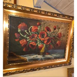 Tableau bouquet de coquelicots debut 20eme signé  W.R