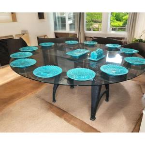 Table Called "industrial" 1 Piece Early 1900 In Cast Iron And A Very Large Glass Top