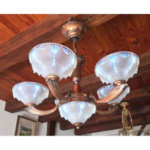 Art Deco Chandelier In Opalescent Glass And Copper Ezan France Circa 1930