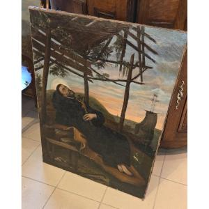 Tableau représentant la mort de Saint François Xavier fin 17eme 