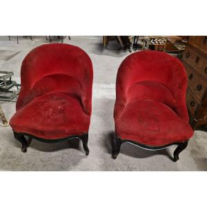 Pair Of Napoleon III Period Toadstool Armchairs With Red Velvet Upholstery