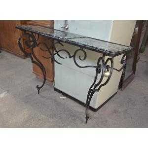 Wrought Iron Console Table From The 1920s With A Green Marble Top