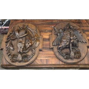 2 trophées dr chasse et pêche en bois sculpté debut 20eme