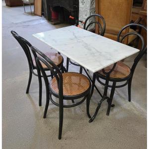 Marble And Cast-iron Bistro Table And 4 Mundus Chairs Circa 1900