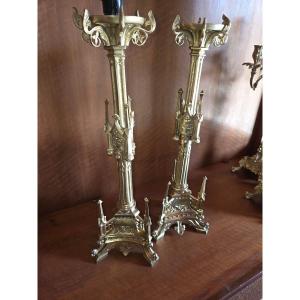 Pair Of 19th-century Gothic-style Bronze Candlesticks 