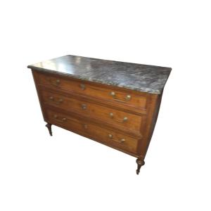 Louis XVI-era Chest Of Drawers Made Of Fruitwood With A Gray Marble Top