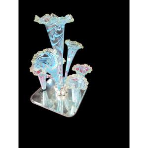 centre de table ou tulipier ancien à plusieurs cornets en verre artistique bleu et blanc,fin 19