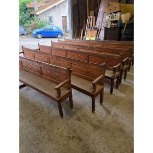 Set Of 16 Chapel Benches, 3.70 Meters Long, From The Late 19th Century