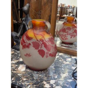Vase en pate de verre multicouches de forme gourde a decor de groseilles d'Emile GALLÉ