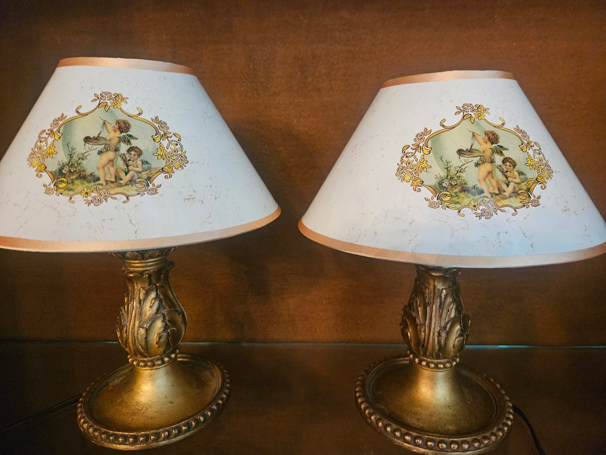 Pair Of Dumez Gilded Wooden Lamps