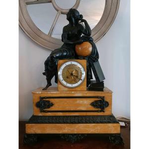 Large Empire Clock In Patinated Bronze And Yellow Sienna Marble, Representing Uranie,