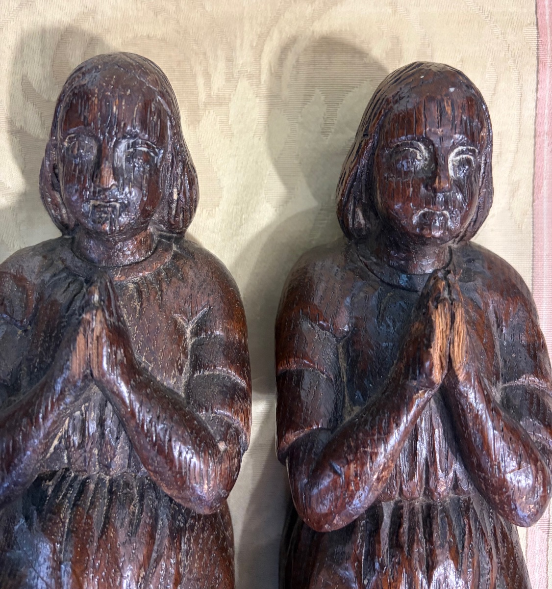 Pair Of Orants, 17th Century, Carved Wood, France-photo-6