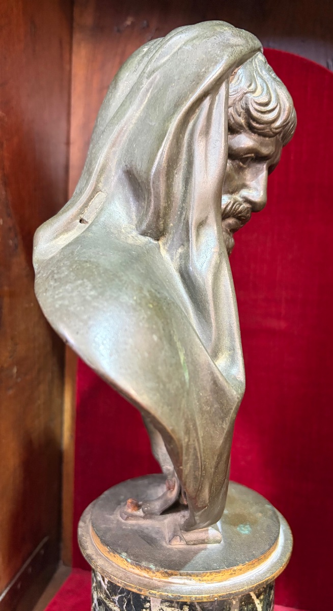 Bust In Bronze In The Antic Style. A Noble Man, A Veil On His Head.-photo-1