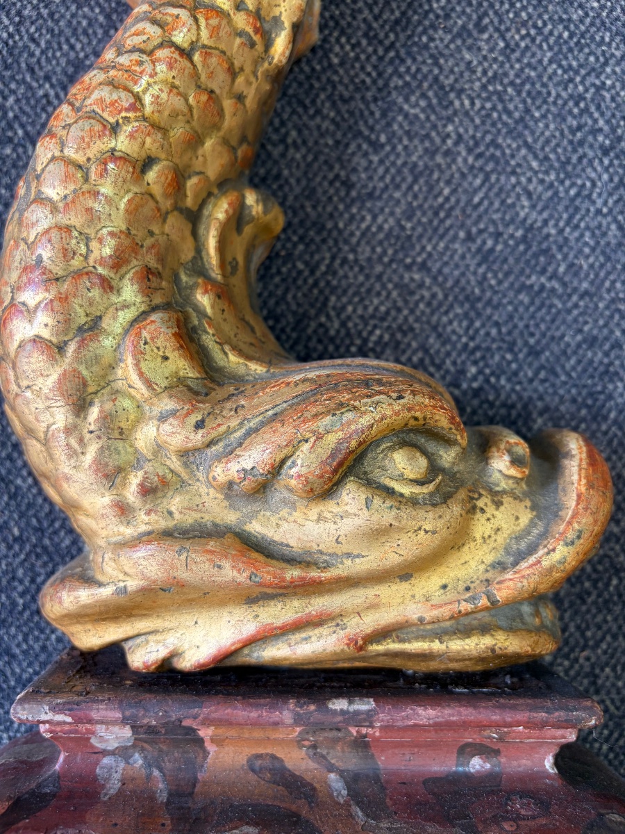 Pair Of Gilded Wood Dolphins 18th C-photo-2
