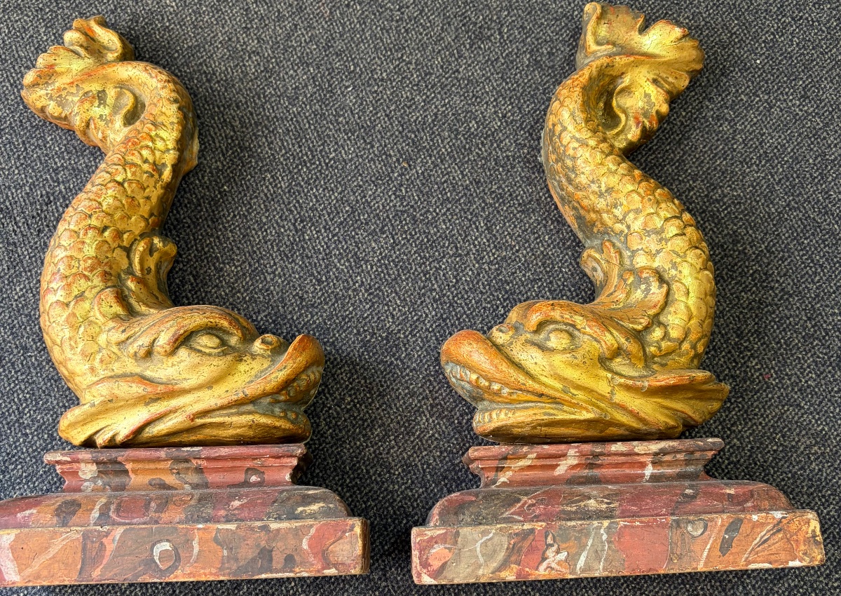 Pair Of Gilded Wood Dolphins 18th C