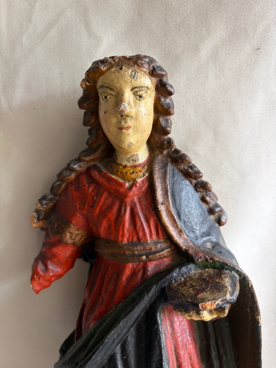 18th-century Polychrome Wooden Statuette Of A Female Saint-photo-4