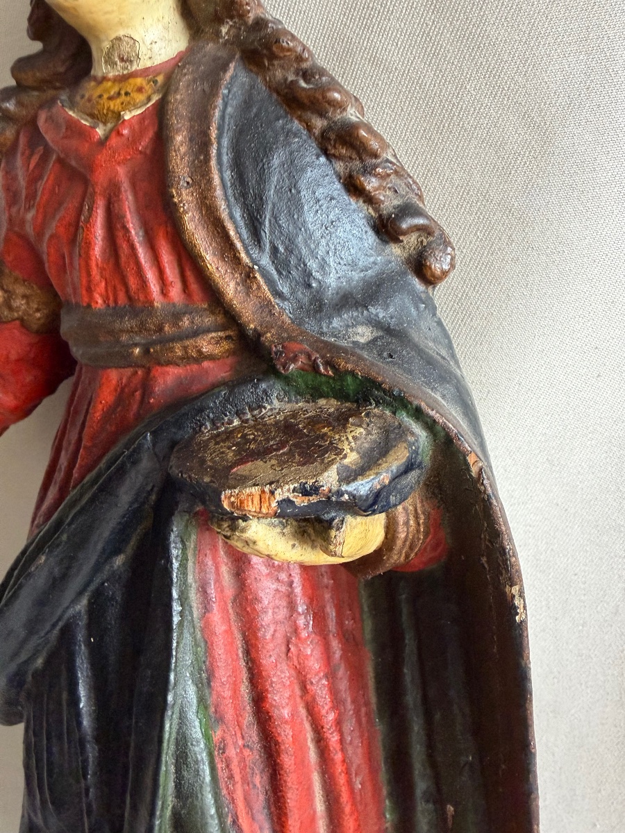 18th-century Polychrome Wooden Statuette Of A Female Saint-photo-2