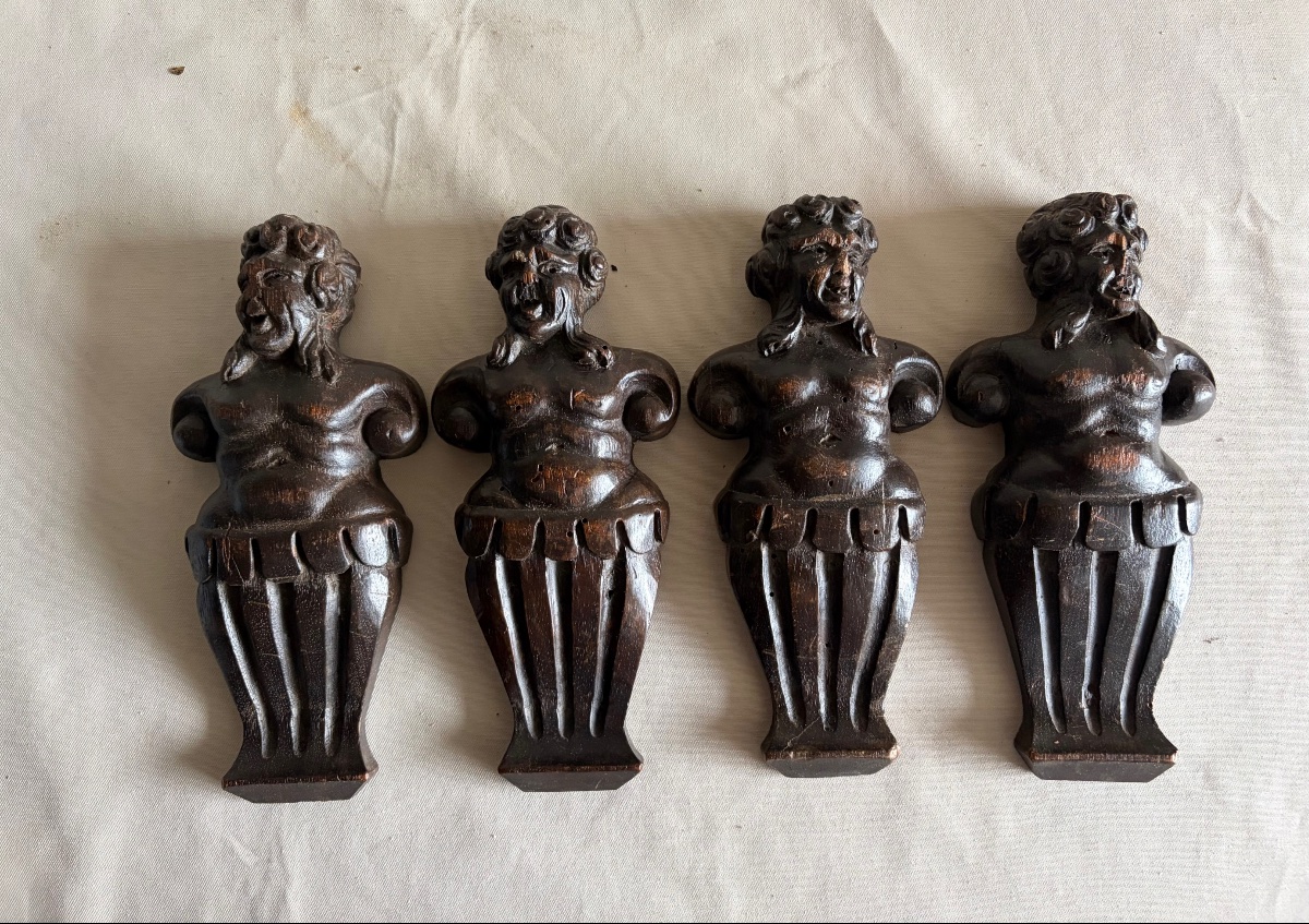 Set Of 4 Carved Wooden Caryatids From The 17th Century