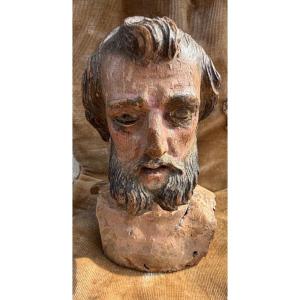 18th-century Neapolitan Santon Head Made Of Wood