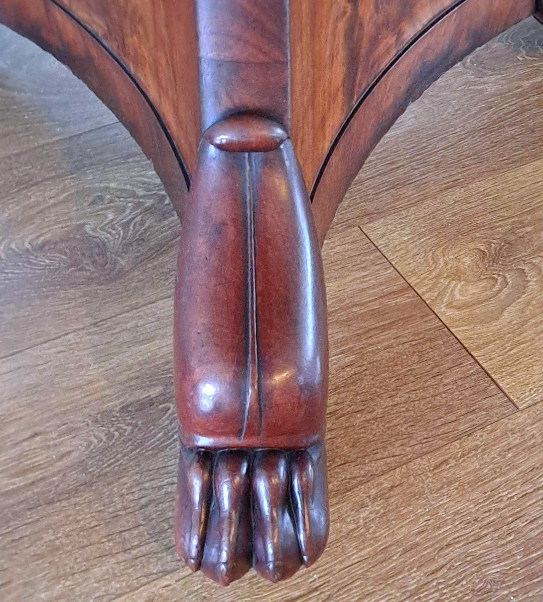 Restoration Pedestal Table Flamed Mahogany Veneer And Marble-photo-4