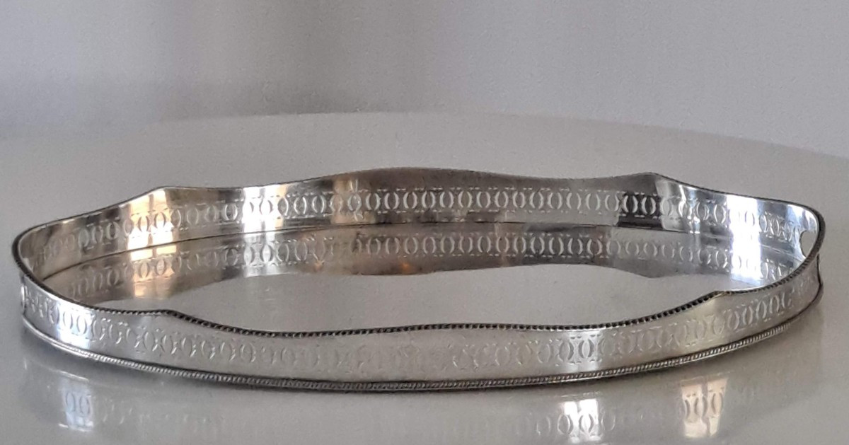 Large Oval Silver Metal Tray With Gallery-photo-2